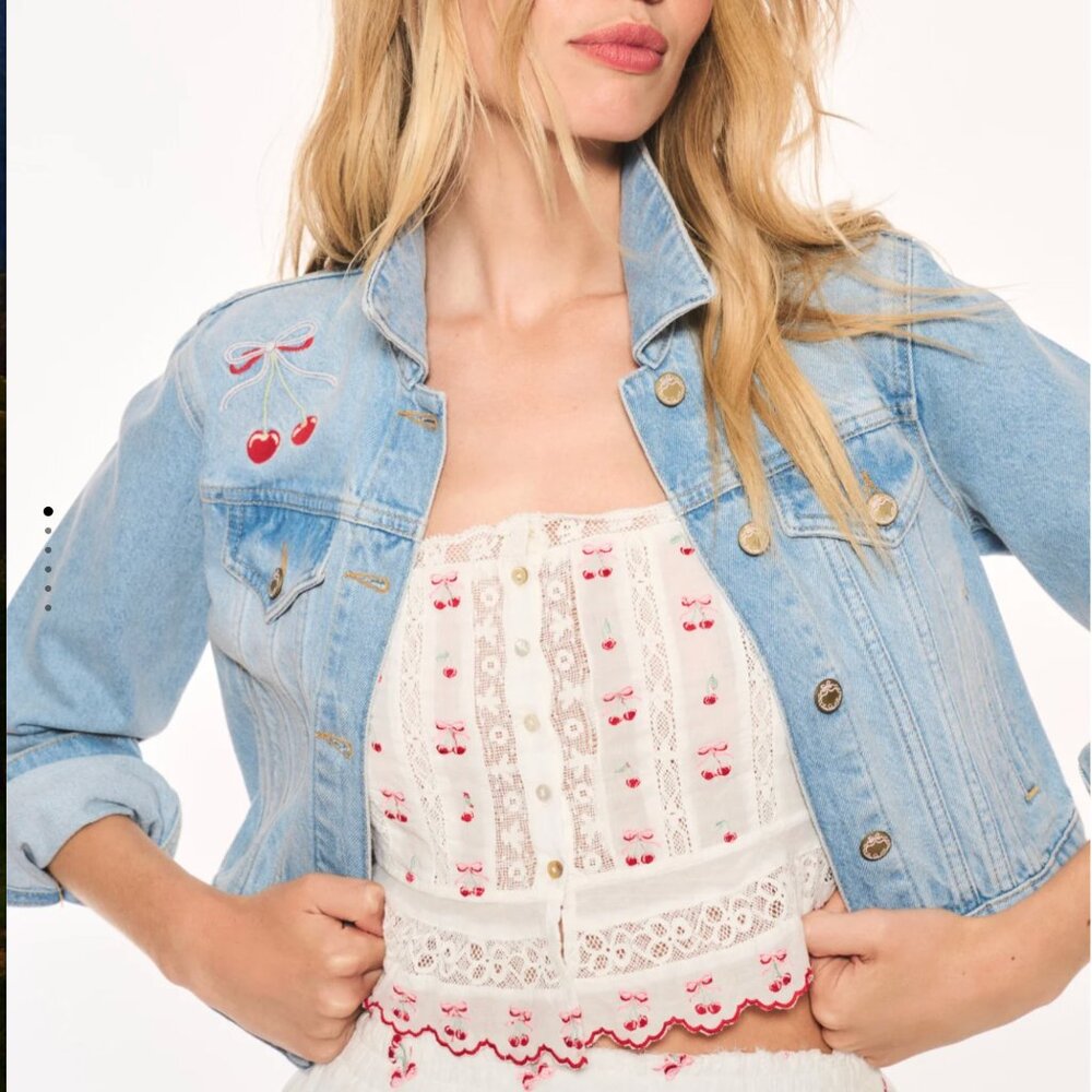 LoveShackFancy Bardot Cherry Embroidered Denim Jacket NWT M